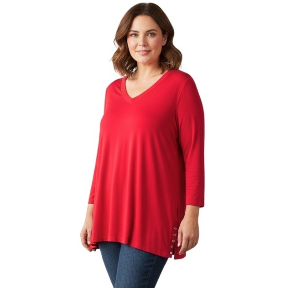 Susan Graver Size 2X Long Sleeve Top Tunic V-Neck Red Holiday Shirt Liquid Knit